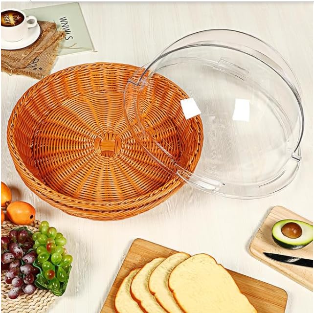 PAUL SONS Hospitality Round Bread Basket Fruit Basket with Transparent Dome Lid Basket For Restaurant/Home/Hotel Round Food Storage Basket Cake Stand Dome15"x4" (Pack of 1Pc) - Image 3