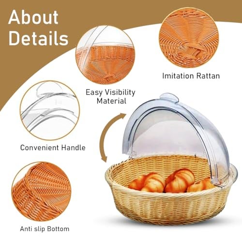 PAUL SONS Hospitality Round Bread Basket Fruit Basket with Transparent Dome Lid Basket For Restaurant/Home/Hotel Round Food Storage Basket Cake Stand Dome15"x4" (Pack of 1Pc) - Image 2