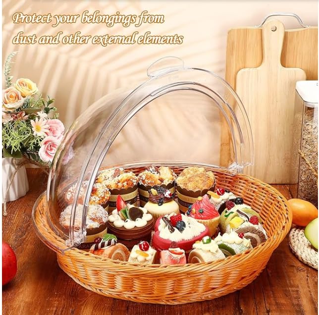 PAUL SONS Hospitality Round Bread Basket Fruit Basket with Transparent Dome Lid Basket For Restaurant/Home/Hotel Round Food Storage Basket Cake Stand Dome15"x4" (Pack of 1Pc) - Image 4