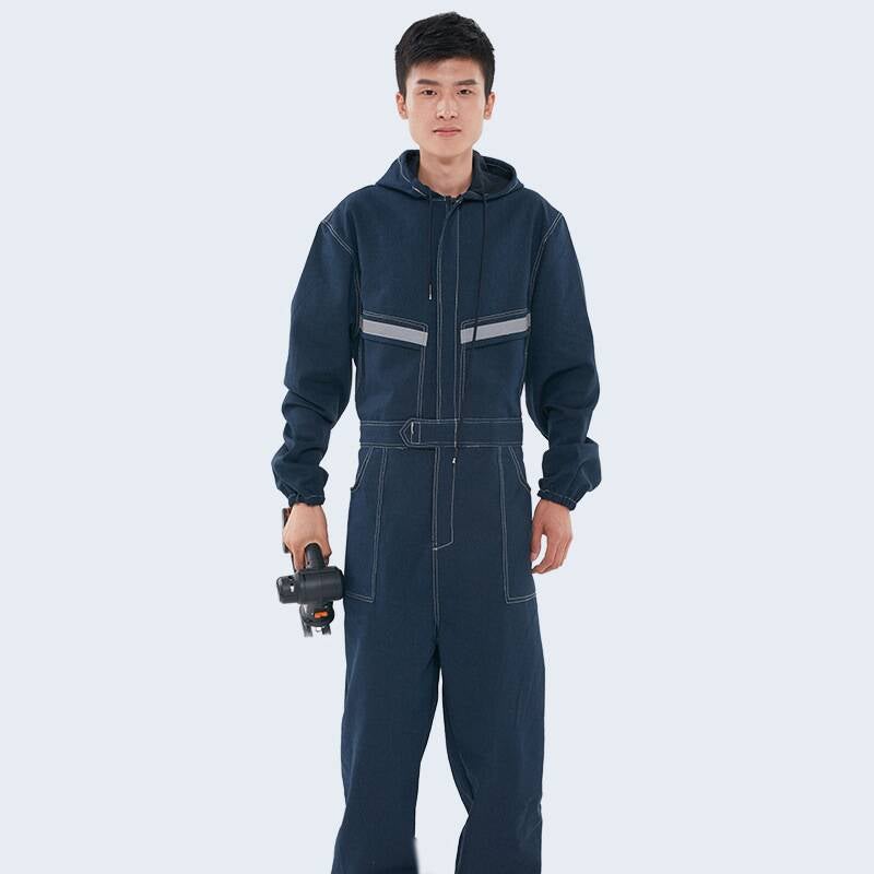 Welding protection conjoined Denim hooded reflective overalls thickened dustproof and wear-resistant welders tooling labor protection flame retardant clothing Diagonal reverse cowboy 