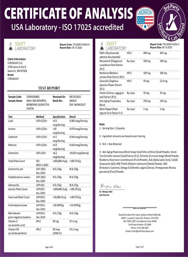 StrongVit مكمل ريسفيراترول NAD مع البربرين والكيرسيتين و CoQ10. تركيبة مضادة للشيخوخة للنساء والرجال. NAD Plus الليبوزومي، معزز NAD+، فيتامين عضوي نقي، صنع في الولايات المتحدة الأمريكية - Image 4