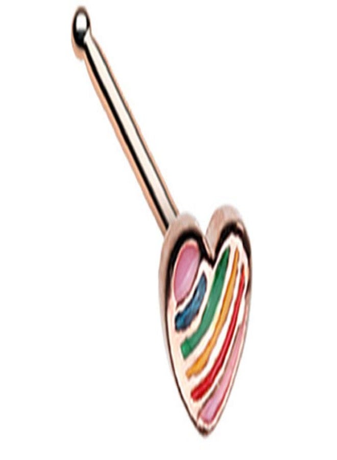Pierced Owl Rainbow Striped Heart Nose Ring Bone Stud (Rose Gold Tone) - Image 1