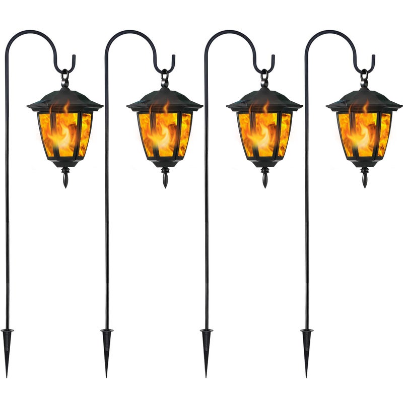 Dynaming 4 Pack Solar Flame Hanging Lights Outdoor, Halloween Solar Flickering Flame LED Garden Lanterns with 4 x 38 Inch Shepherd Hooks, Christmas Lighting for Lawn Patio Yard Pathway Driveway - Image 1