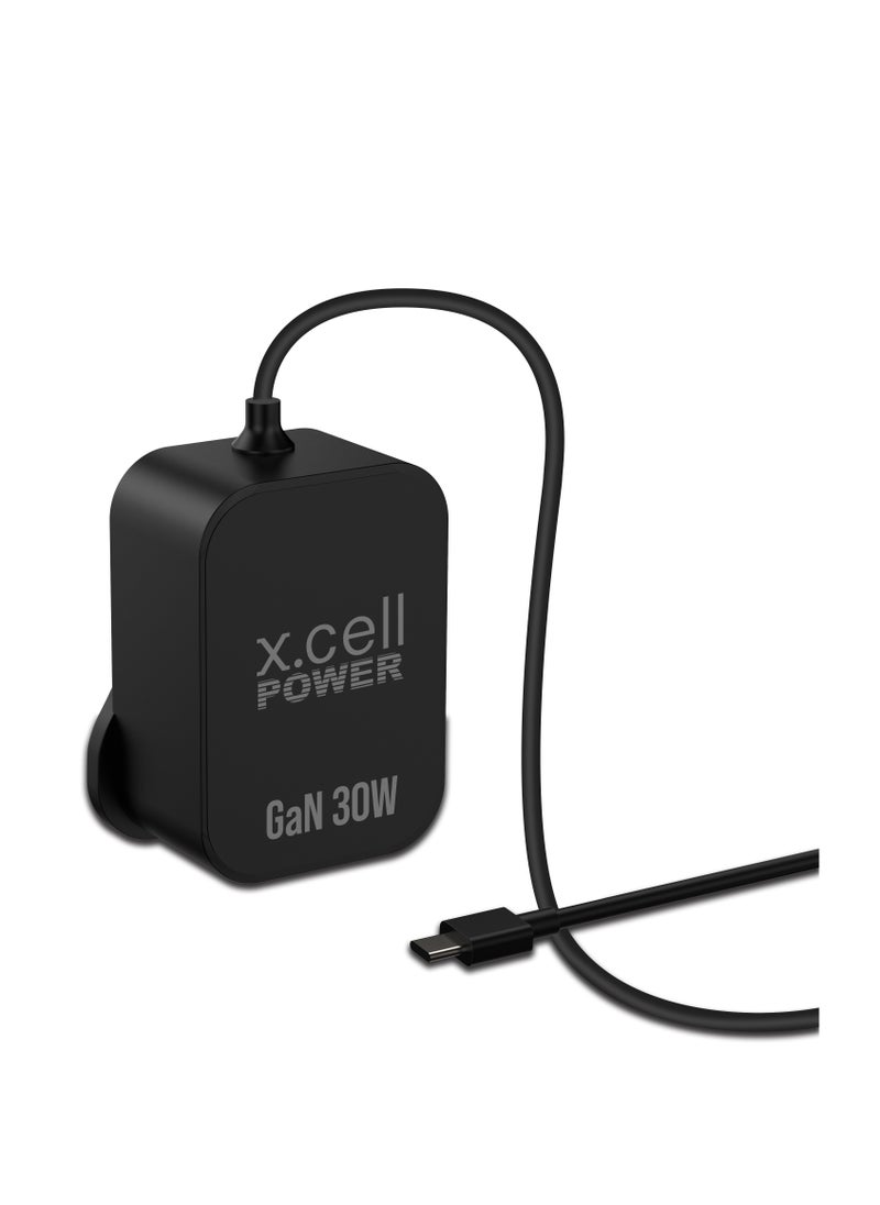 Xcell Xcell 30W GaN Super Charger with Built-in 1.5M USB-C Cable | Fast Charging | Energy Efficient | Over-Charge Heat Protection | Compact Travel Adapter iPhone 15, Samsung, iPad, MacBook – Black  - Image 1