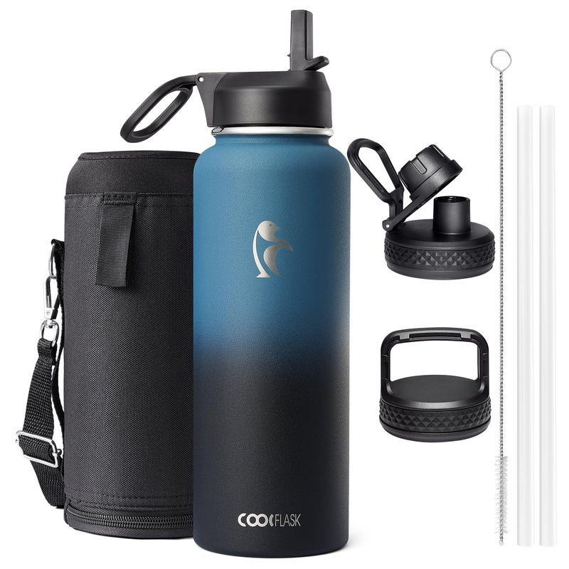Coolflask 1180ml Insulated Water Bottle with Straw  3 Lids Metal Water Bottle for Sports or Office Double Vacuum Leak Proof Cold and Hot Water Bottle Easy to Clean Indigo Black
