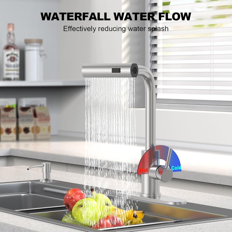 AVSIILE Brushed Nickel Kitchen Faucets with Pull Down Sprayer & Soap Dispenser, Single Hole & Handle, Pull Out Tap, Waterfall Stainless Steel Sink Faucet for Farmhouse Camper Laundry Rv Bar - Image 3