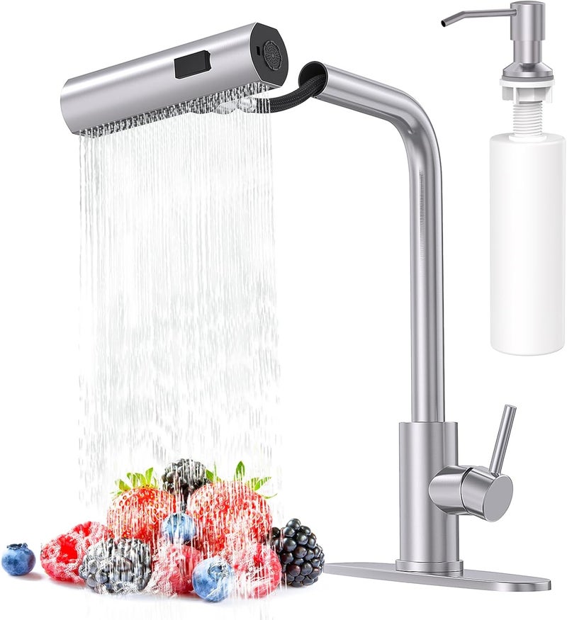 AVSIILE Brushed Nickel Kitchen Faucets with Pull Down Sprayer & Soap Dispenser, Single Hole & Handle, Pull Out Tap, Waterfall Stainless Steel Sink Faucet for Farmhouse Camper Laundry Rv Bar - Image 1