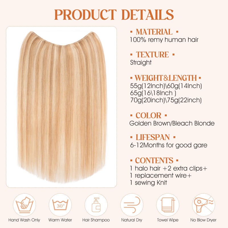 S-noilite Halo Hair Extensions Real Human Hair, S-noilite Hair Halo Extensions for Women 16inch Golden Brown/Bleach Blonde Halo Extensions Invisible Wire HairExtensions - Image 2