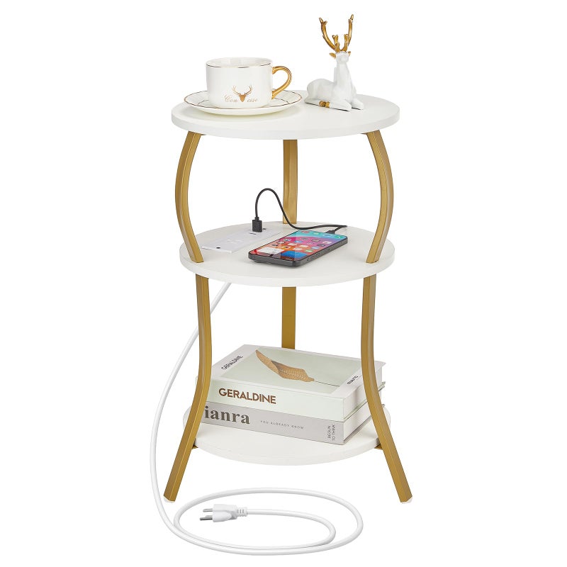 YEAKOO Small Round Side Table with Charging Station, 3-Tier Waist Circular End Table with Storage Shelf, Compact Tea Sofa Side Table Small Spaces, Round Corner Coffee Table for Living Room Bedroon,White+Gold - Image 1