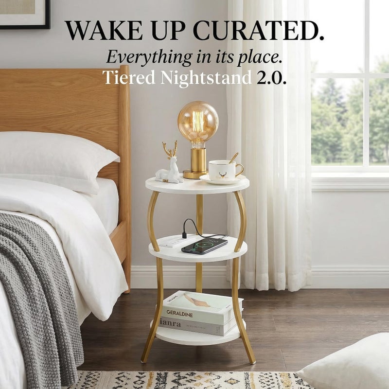 YEAKOO Small Round Side Table with Charging Station, 3-Tier Waist Circular End Table with Storage Shelf, Compact Tea Sofa Side Table Small Spaces, Round Corner Coffee Table for Living Room Bedroon,White+Gold - Image 2