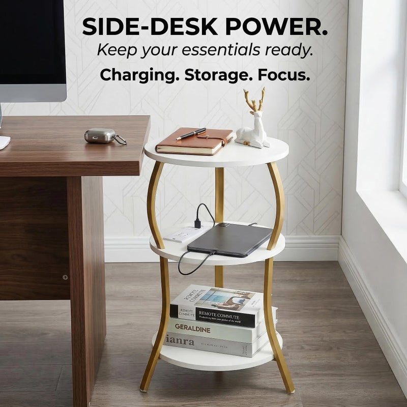 YEAKOO Small Round Side Table with Charging Station, 3-Tier Waist Circular End Table with Storage Shelf, Compact Tea Sofa Side Table Small Spaces, Round Corner Coffee Table for Living Room Bedroon,White+Gold - Image 4