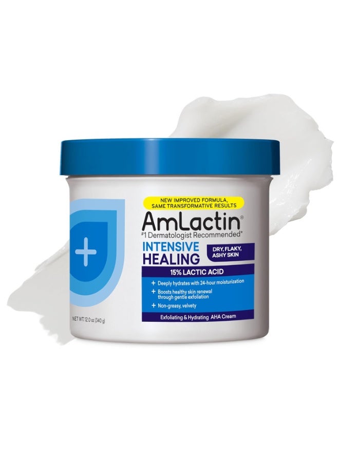 AmLactin كريم الجسم AmLactin Intensive Healing Body Cream – عبوة 12 أونصة – مقشر ومرطب 2 في 1 للبشرة الجافة مع حمض اللاكتيك بنسبة 15% والسيراميد لترطيب لمدة 24 ساعة - Image 1