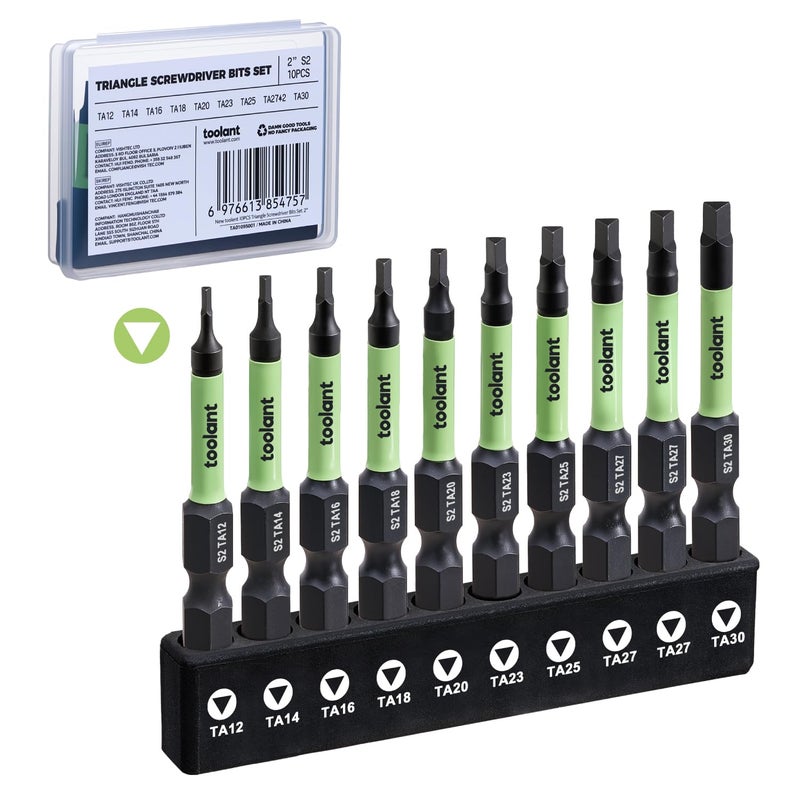 toolant مجموعة مفكات مثلثية Toolant، مجموعة رؤوس مثلثية من فولاذ S2 (طول 2 بوصة مع رؤوس مغناطيسية)، مجموعة رؤوس أمان مقاومة للعبث بعمود سداسي 1/4، الأحجام: TA12، TA14، TA16، TA18، TA20، TA23، TA25، TA27 (x2)، TA30 - Image 1