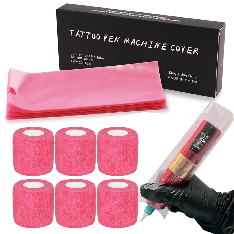 أغطية أقلام الوشم من سوتيكا مع شريط قبضة - 200 قطعة أغطية آلة الوشم الوردية و 12 قطعة لف شريط القبضة لآلة الوشم مع شريط ضماد أسود لاصق