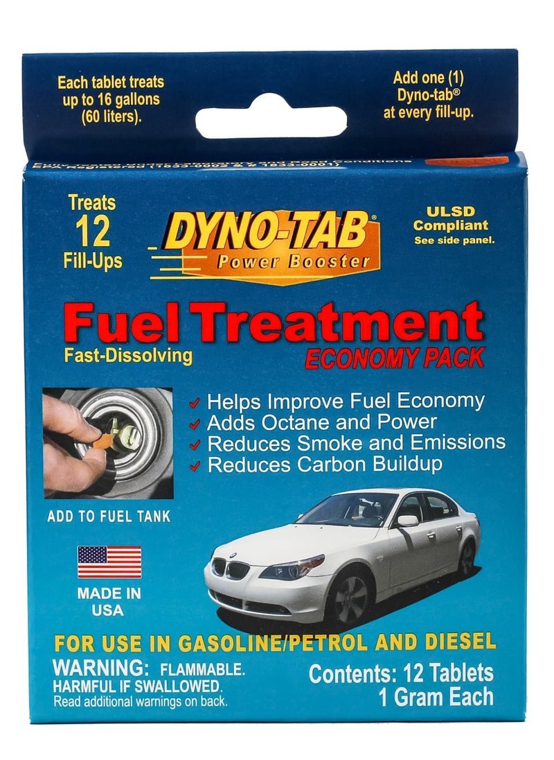 Dyno-Tab DYNO-TAB Fuel Treatment 45412 – For Gasoline & Diesel Engines | Boosts Fuel Economy & Performance | Increases Octane & Reduces Carbon Build-Up | Economy Pack with 12 Tablets, Each Treats Up to 60L  - Image 1