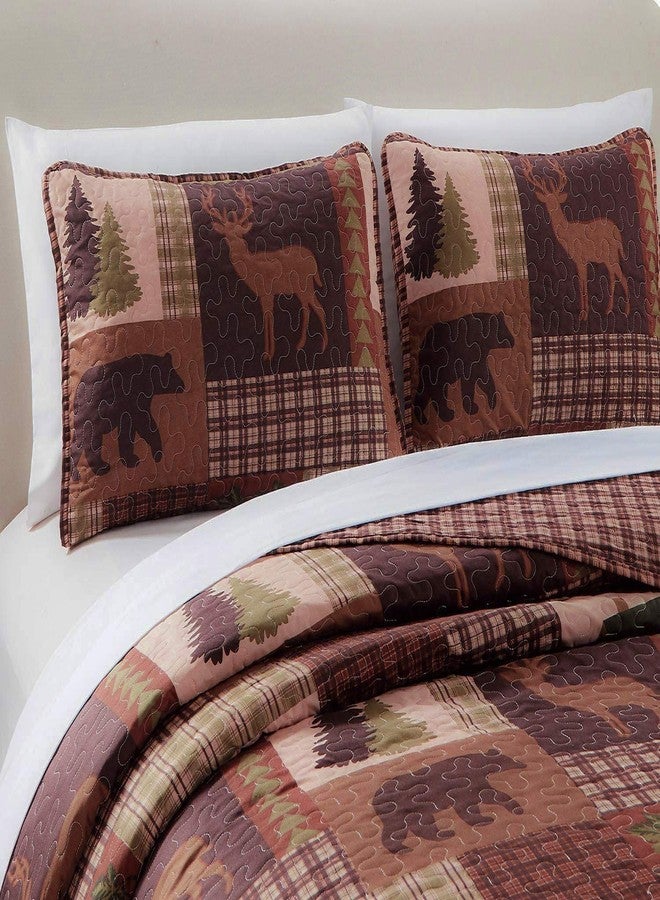 Rugs 4 Less Rustic Western Lodge Quilted Plaid Reversible Bedspread Set with Wildlife Imagery of Grizzly Bear Elk Buck and Pine Trees in Dark Brown - Alpine Trail (Full/Queen) - Image 2
