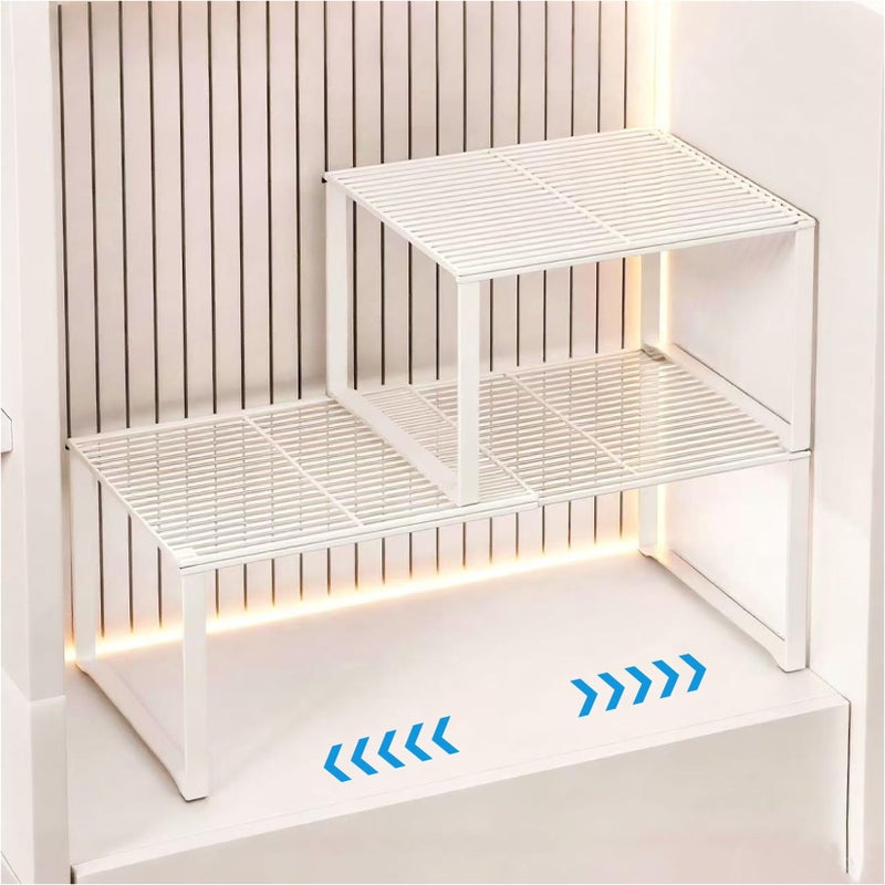 HGZBS Extendable Metal Wire Shelf Organizer - Adjustable 15-24.4in Length, Stackable Storage Rack for Kitchen/Pantry/Bathroom/Shoe Cabinet/Tool Closet (2, White) - Image 1