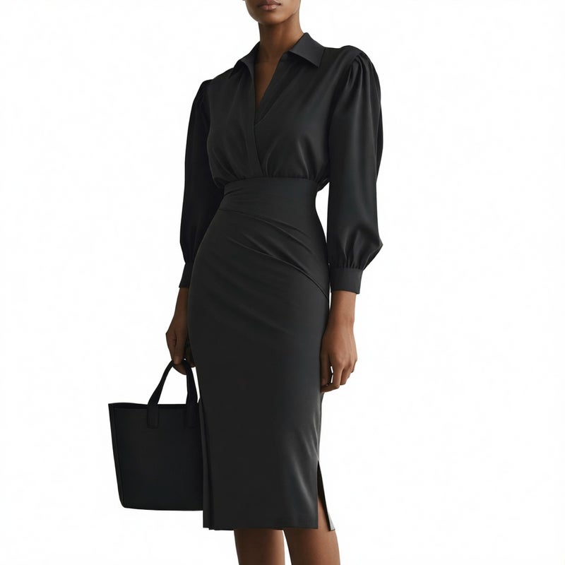 V-Neck Waist-Cinched Pleated Dress - Image 1
