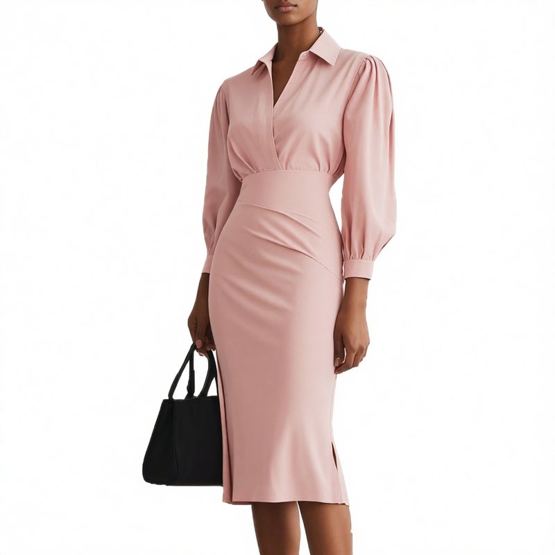 V-Neck Waist-Cinched Pleated Dress - Image 5