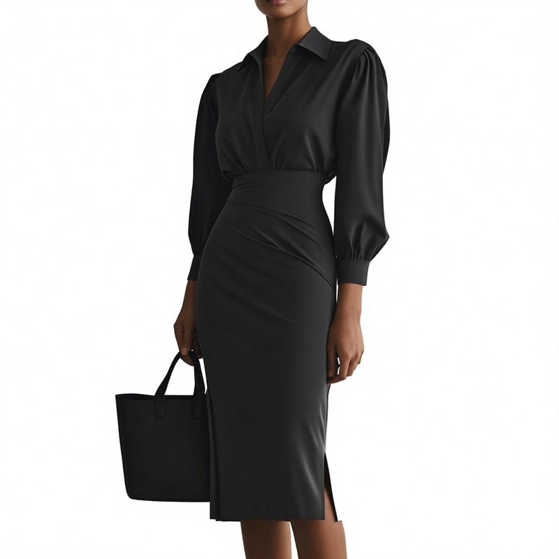 V-Neck Waist-Cinched Pleated Dress - Image 2