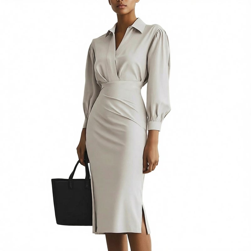 V-Neck Waist-Cinched Pleated Dress - Image 4