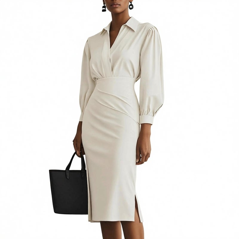 V-Neck Waist-Cinched Pleated Dress - Image 3