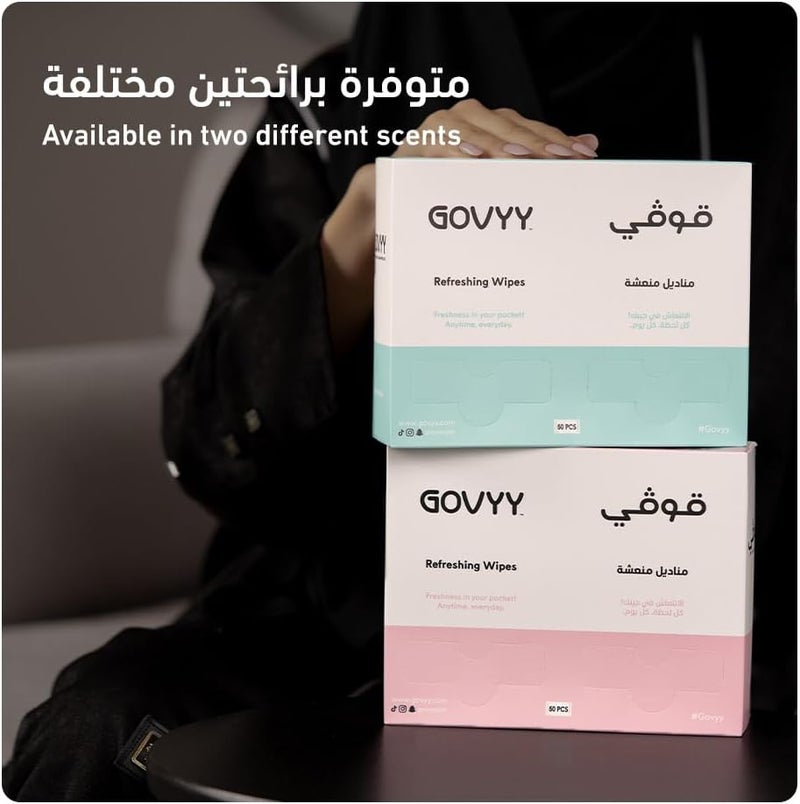 Govyy Refreshing Wipes – 50 individually wrapped pink and white tissues, perfect for cleaning hands on the go and protecting against surfaces in public places. Infused with a refreshing scent - Image 5