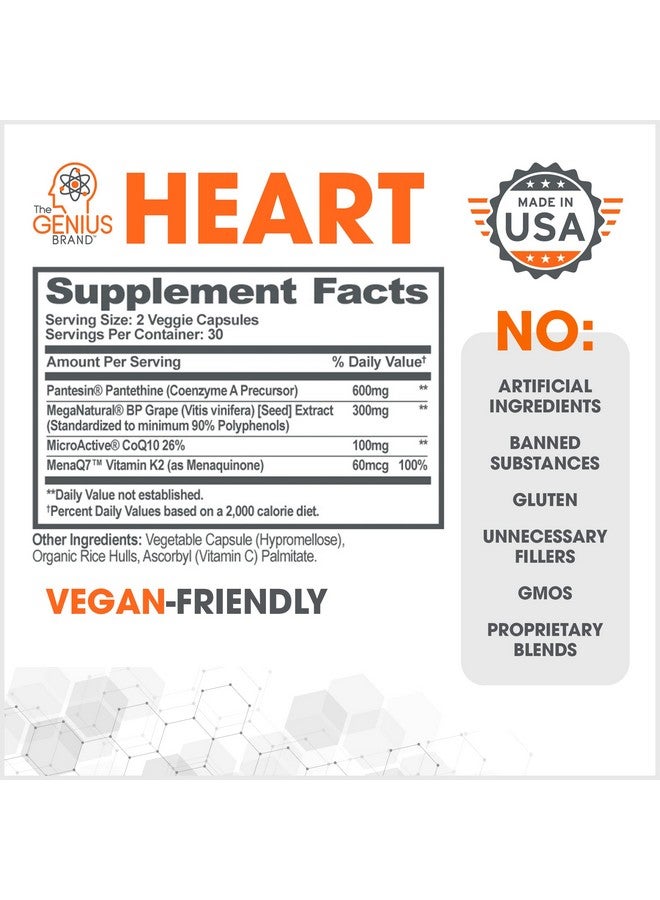 ذا جينيس براند العلامة التجارية جينيوس - جينيوس هارت، 60 حبة نباتية - مكمل غذائي طبيعي للدعم قد يساعد في خفض مستويات الكوليسترول وتحسين ضغط الدم الصحي - مستخلص بذور العنب وفيتامين ك2 ومادة كيو 10 المساعدة - Image 2