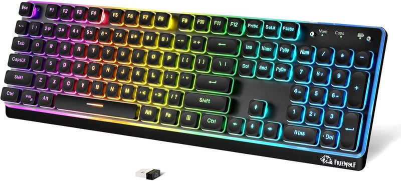 Free wolf FREEWOLF M104 RGB Wireless Computer Keyboard, Ergonomic Membrane Low Profile Keys, 2.4G/BT/USB Wired, Spill-Resistant, 4000mAh, Silent 104 Key Full-size with Numeric Keypad for PC Laptop Mac - Black - Image 1