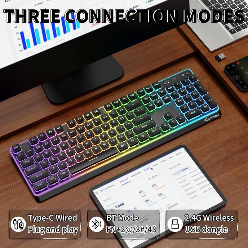 Free wolf FREEWOLF M104 RGB Wireless Computer Keyboard, Ergonomic Membrane Low Profile Keys, 2.4G/BT/USB Wired, Spill-Resistant, 4000mAh, Silent 104 Key Full-size with Numeric Keypad for PC Laptop Mac - Black - Image 3