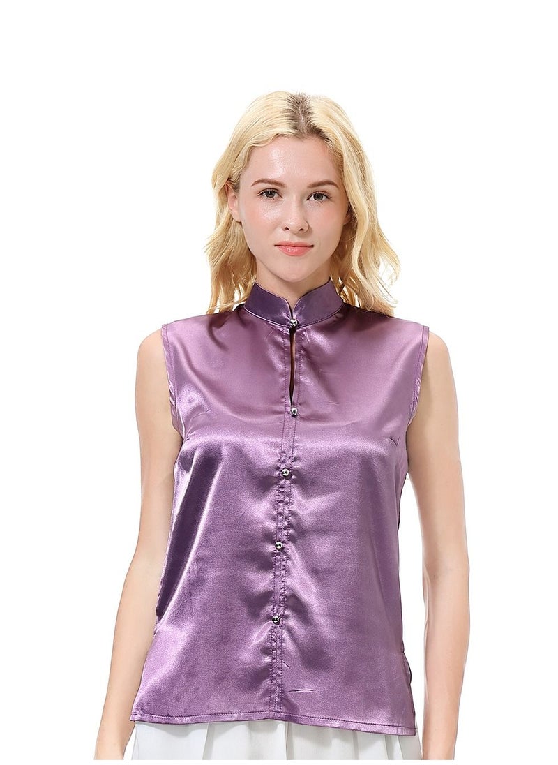 إسكدنيا - Women's Solid Color Imitated Silk Fabric Sleeveless Blouse Shirt Purple - Image 1