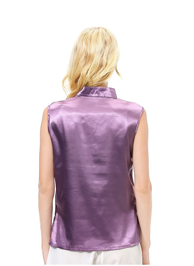 إسكدنيا - Women's Solid Color Imitated Silk Fabric Sleeveless Blouse Shirt Purple - Image 1