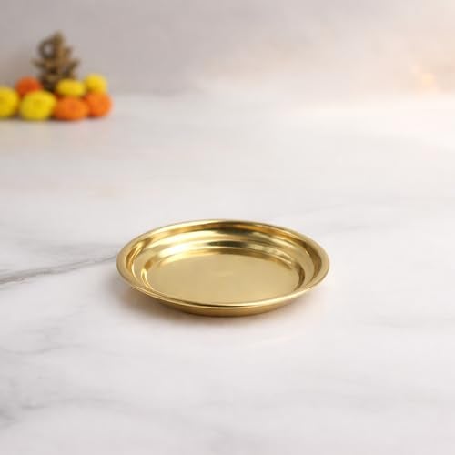 Spillbox Traditional Brass Diya for Puja | Pooja Aarti | Arti Deepak Deepam Oil Lamp for Home Temple Puja Articles Decor Gifts |Small Brass Thali for Diya Stand | Pooja Tray for Mandir-Micro Plate(6) - Image 2