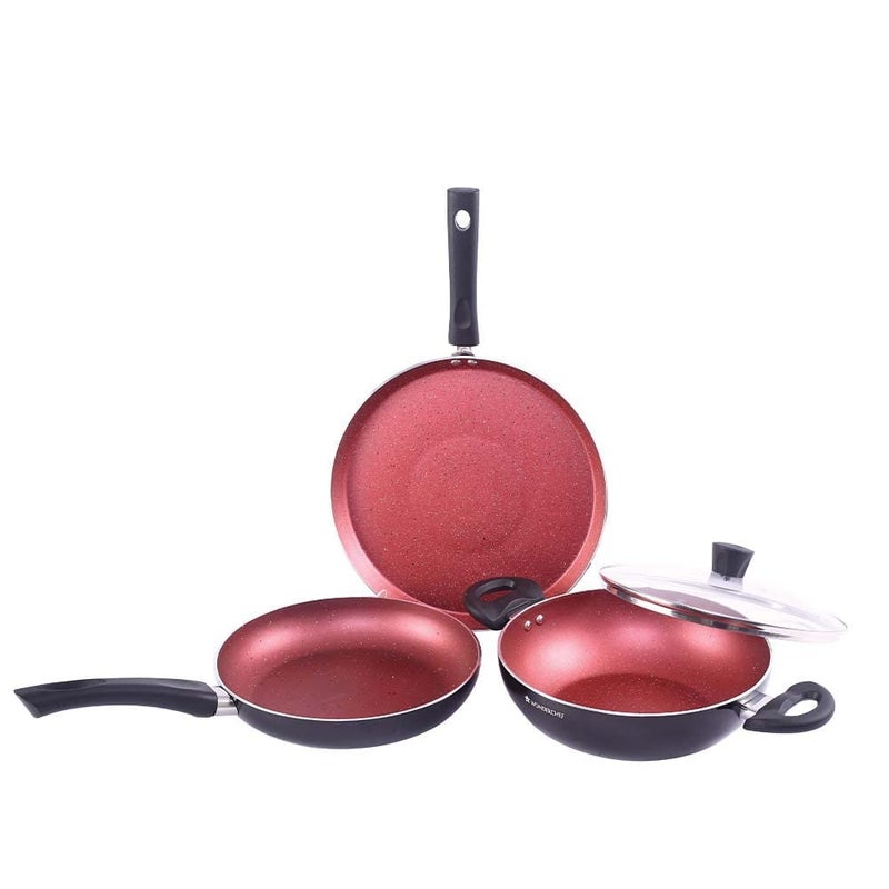 Wonderchef Galaxy Cookware 4 Piece Set | Kadhai with Lid, Fry Pan, Dosa Tawa | Induction Friendly | Cool Touch Bakelite Handles | Pure Grade Aluminium| PFOA Free| 2 Years Warranty | Brick Red - Image 1