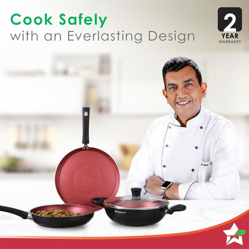 Wonderchef Galaxy Cookware 4 Piece Set | Kadhai with Lid, Fry Pan, Dosa Tawa | Induction Friendly | Cool Touch Bakelite Handles | Pure Grade Aluminium| PFOA Free| 2 Years Warranty | Brick Red - Image 2