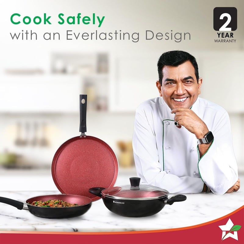 Wonderchef Galaxy Cookware 4 Piece Set | Kadhai with Lid, Fry Pan, Dosa Tawa | Induction Friendly | Cool Touch Bakelite Handles | Pure Grade Aluminium| PFOA Free| 2 Years Warranty | Brick Red - Image 3