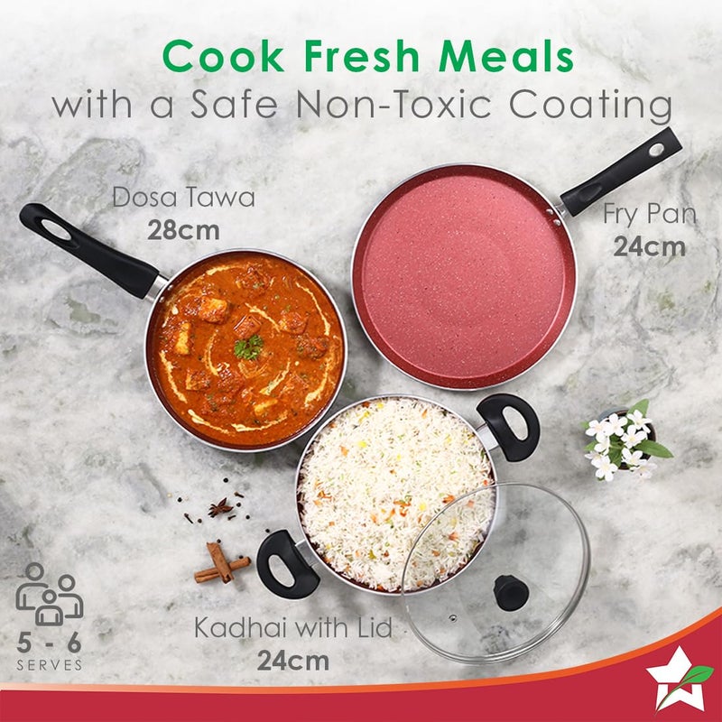 Wonderchef Galaxy Cookware 4 Piece Set | Kadhai with Lid, Fry Pan, Dosa Tawa | Induction Friendly | Cool Touch Bakelite Handles | Pure Grade Aluminium| PFOA Free| 2 Years Warranty | Brick Red - Image 4