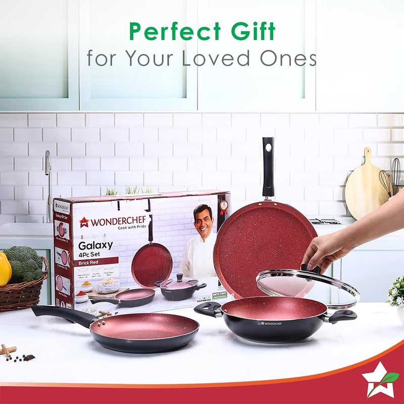 Wonderchef Galaxy Cookware 4 Piece Set | Kadhai with Lid, Fry Pan, Dosa Tawa | Induction Friendly | Cool Touch Bakelite Handles | Pure Grade Aluminium| PFOA Free| 2 Years Warranty | Brick Red - Image 5