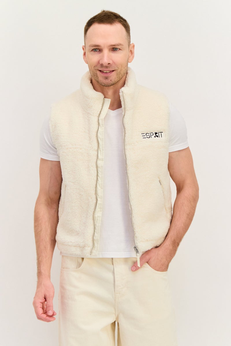 Esprit x Rest and Recreation Men Embroidered Logo Vest Jackets, Light Beige - Image 1