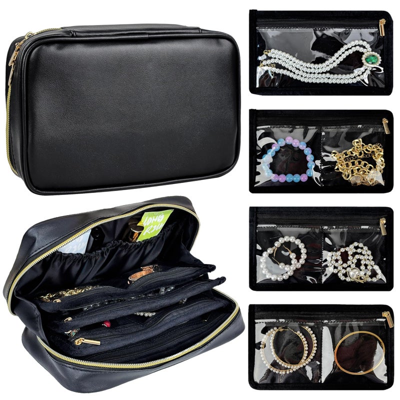 LingLingo Travel Jewelry Organizer Case,Small Jewelry Bags for Traveling, Jewelry Case with 14 Pcs Clear Zipper Velvet Pockets for Storing Earrings, Rings, Necklace, Bracelet, Watch - Image 1
