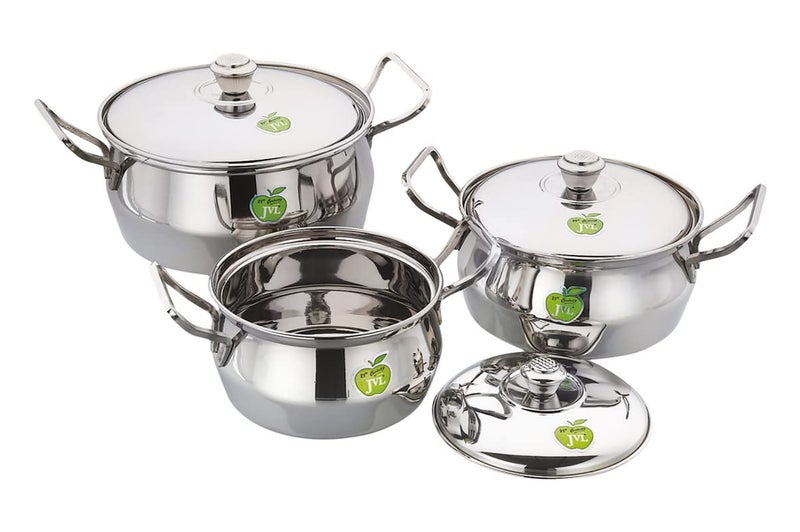 JVL Stainless Steel Cooking Pot/Handi with Lid & Handle Set 850, 1300, 2200 ml, 3-Piece, for Cooking, for Kitchen, and Serving, JVL-AP-P1 - Image 1