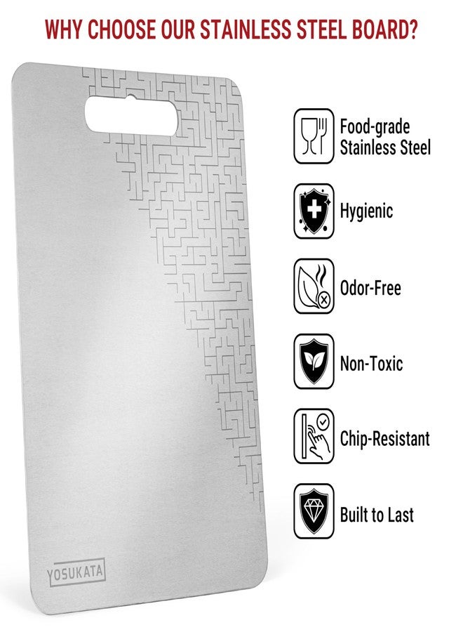 YOSUKATA Stainless Steel Cutting Board 14.6x10 Inch - Double Sided Metal Chopping Board with Handle Hole - Measuring Scale - Dishwasher Safe - Kitchen Non Toxic Utensils - Image 4