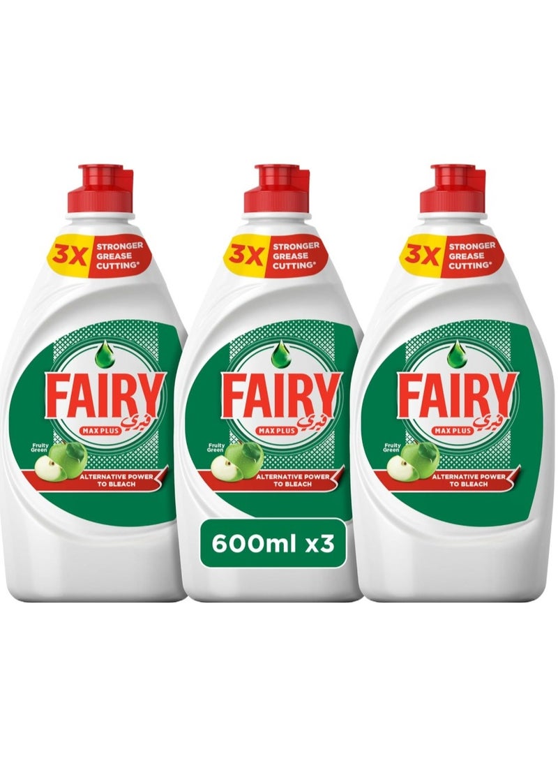 Fairy Max Plus Fruity Green Dishwashing Liquid Soap With Alternative Power To Bleach, 3x600ml - Image 1