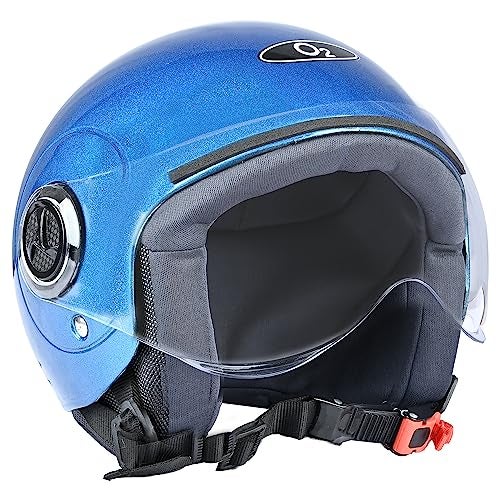 O2 Open Face / Half face Helmet Unisex for Bike Women Men ISI Certified with Clear Visor Smooth Finish Lightweight & Compact (Blue, 580mm Medium) - Image 1