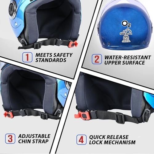 O2 Open Face / Half face Helmet Unisex for Bike Women Men ISI Certified with Clear Visor Smooth Finish Lightweight & Compact (Blue, 580mm Medium) - Image 5