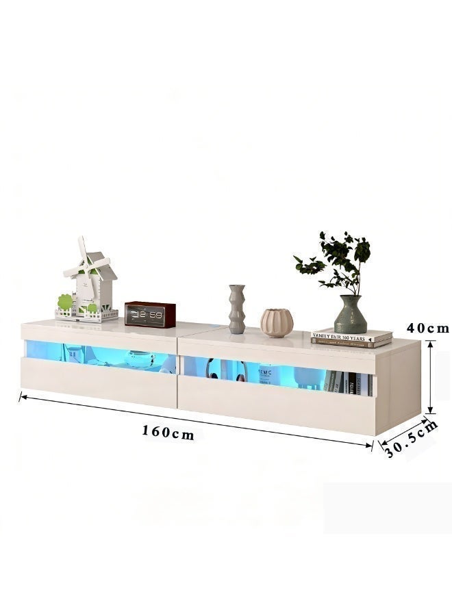  CityRiya-Long حامل تلفزيون، طاولة تلفزيون 160 سم، خزانة تلفزيون عائمة لمركز الترفيه مع إضاءة LED لغرفة المعيشة، طاولة وحدة تحكم وسائط حديثة عالية اللمعان مع أرفف تخزين لأجهزة التلفزيون حتى 85 بوصة (أبيض) - Image 3