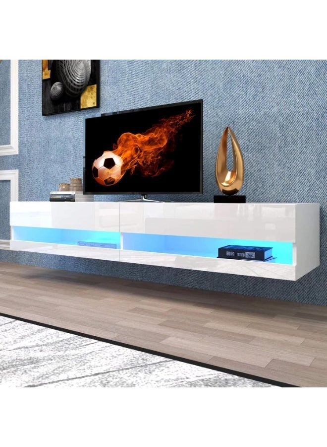  CityRiya-Long حامل تلفزيون، طاولة تلفزيون 160 سم، خزانة تلفزيون عائمة لمركز الترفيه مع إضاءة LED لغرفة المعيشة، طاولة وحدة تحكم وسائط حديثة عالية اللمعان مع أرفف تخزين لأجهزة التلفزيون حتى 85 بوصة (أبيض) - Image 2