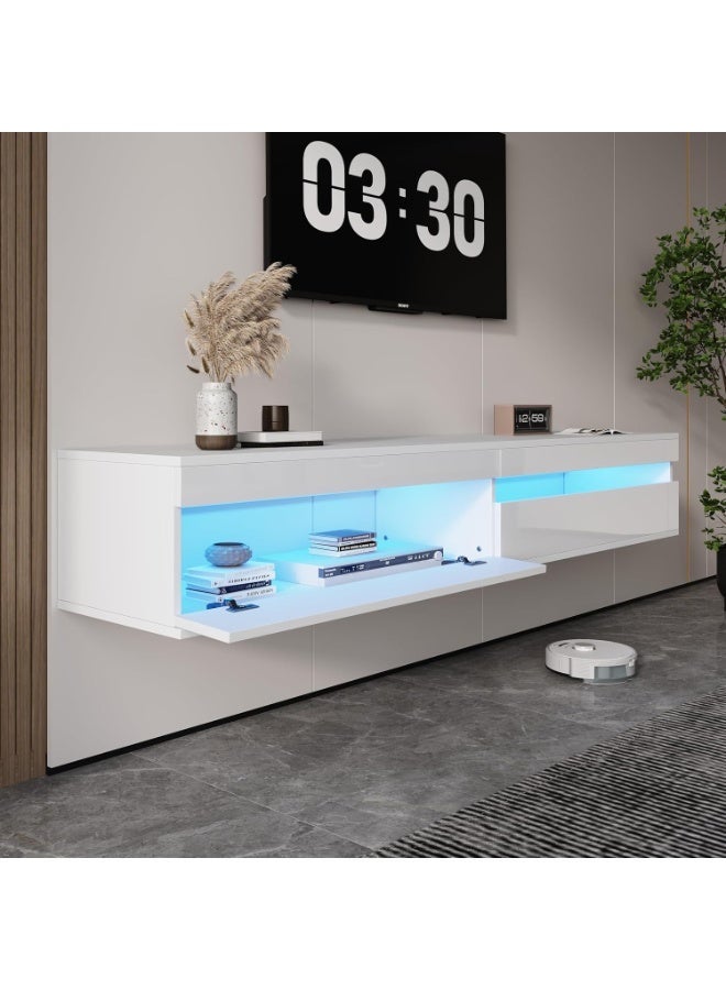  CityRiya-Long حامل تلفزيون، طاولة تلفزيون 160 سم، خزانة تلفزيون عائمة لمركز الترفيه مع إضاءة LED لغرفة المعيشة، طاولة وحدة تحكم وسائط حديثة عالية اللمعان مع أرفف تخزين لأجهزة التلفزيون حتى 85 بوصة (أبيض) - Image 1