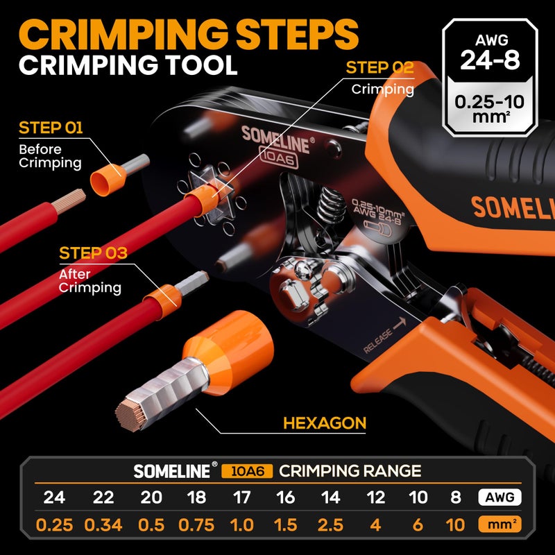 SOMELINE SOMELINE® Ferrule Hexagonal Crimping Tool Kit, 28 Sizes Ferrules, AWG 24–8 Ferrule Crimper, with Insulated Ferrules and Non-insulated Ferrules, Hexagonal Crimp Pliers Ferrule Terminal  - Image 2