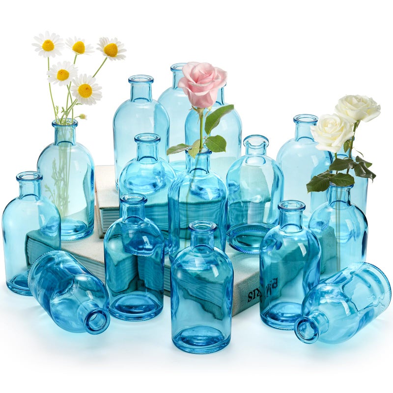 YOUEON 16 Pcs Blue Glass Bud Vases, 8 Oz Living Bud Vases, Small Vases for Flowers, Decorative Glass Bottles, Vintage Flower Vases for Table Centerpiece, Wedding Reception, Home Decor, Office - Image 1